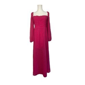 Free People Hot Pink Floral Eyelet Dress Women's Size Large Puff Sleeve Boho